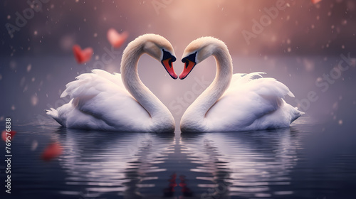 White swans in love on peaceful water background