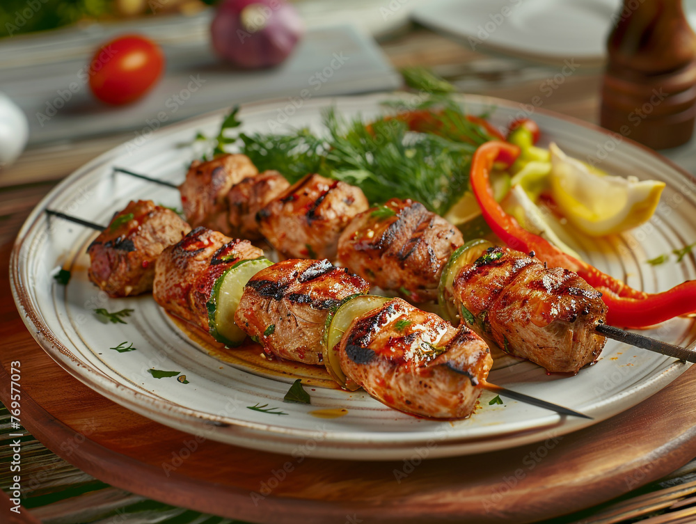 Turkey kebab on a plate, served on a wooden table. Bright morning light. Turkey kebab on a plate, served on a wooden table. Bright morning light.