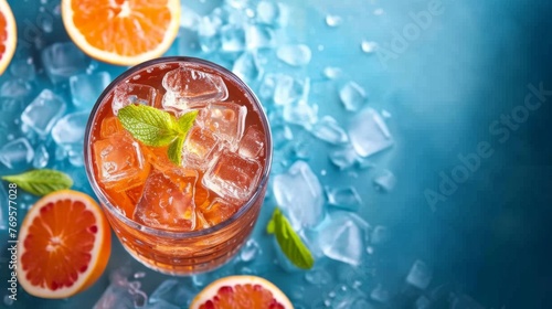 Summer refreshing cocktail aperol spritz with orange and tropical leaves on a blue background with shadows, top view