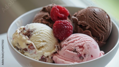 A Bowl of Ice Cream With Raspberries and Chocolate