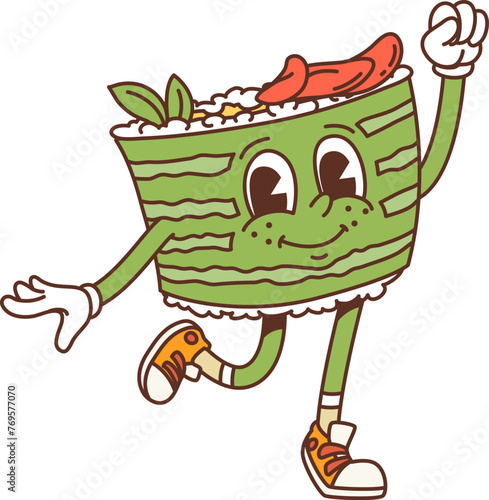 Cartoon japanese roll groovy character. Isolated cute vector round sushi roll waving hand. Traditional japan asian food restaurant menu personage, wrapped in green cucumber slice, with rice filling