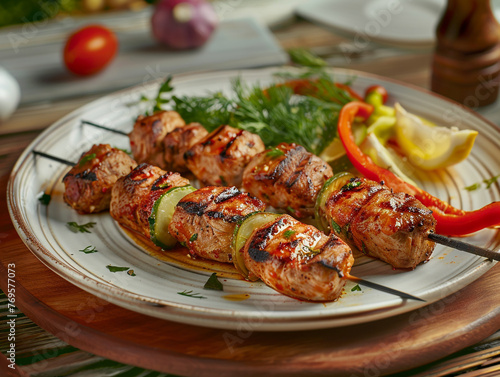 Turkey kebab on a plate, served on a wooden table. Bright morning light.  