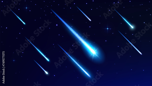 Realistic comets and asteroids, shooting space stars with trails in sky. 3d vector bolides with blue luminous traces streak across night heaven. Cosmic fireball, meteor, meteorites in galaxy or cosmos