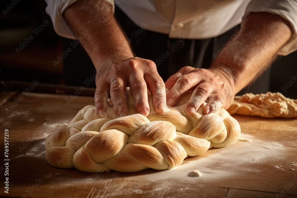 Close-up of a baker's hands braiding dough for a challah.