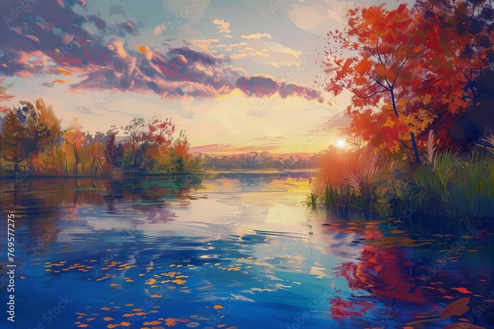 Serene autumn sunset over a tranquil river, digital landscape painting