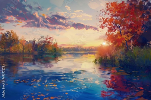 Serene autumn sunset over a tranquil river, digital landscape painting © furyon