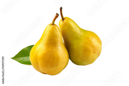 A Pair of Luminous Yellow Pears Dancing With Vibrant Green Leaves. On a White or Clear Surface PNG Transparent Background.