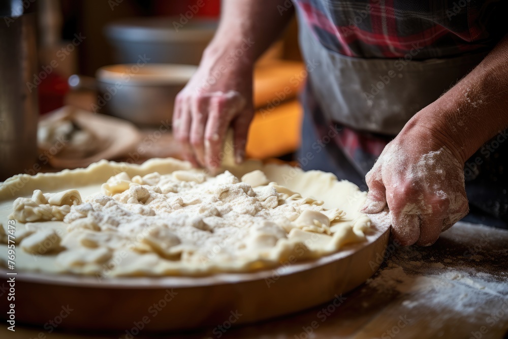 Selective focus on a crust being crimped for a pie.