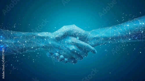 Two digital hands connected on a blue background. The hands are formed by lines  dots  and triangles creating a 3D effect. This is a business partnership concept  represented through a low poly wirefr