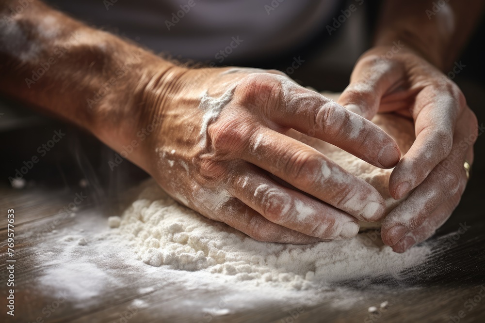 Close-up of a baker's hands dusting flour on a work surface.