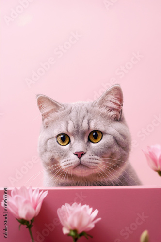 Close portrait of furry cat. Funny pet with bright yellow eyes on pink background with flowers. Cool animal concept with copy space.