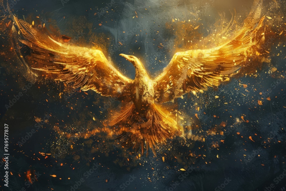 Soaring golden phoenix rising from the ashes, symbolizing rebirth and triumph, majestic digital painting - obrazy, fototapety, plakaty 