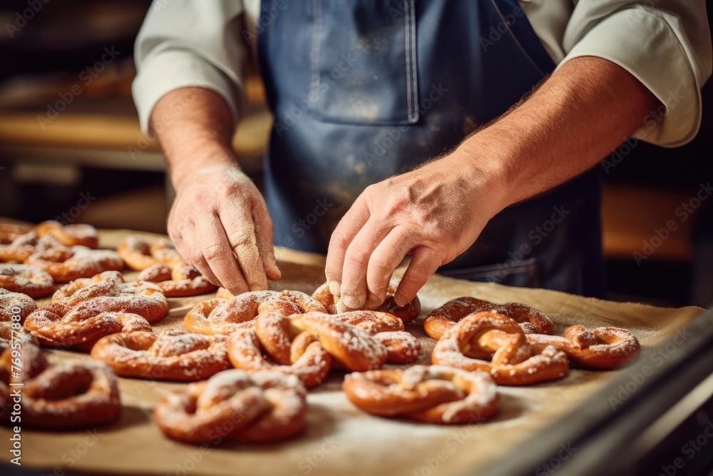 Selective focus on a baker's hands forming pretzel shapes.
