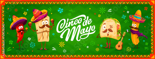 Cinco de mayo banner with mexican tex mex food characters. Vector red jalapeno pepper, tamales, taco and churro mariachi band personages in traditional sombrero hats with maracas, guitar and tequila