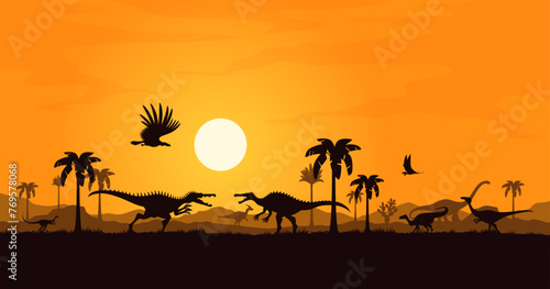 Spinosaurus battle  dinosaur characters silhouettes on sunset. Vector prehistoric majestic dino personages with distinctive sailbacks clash at background with fading sky  orange sun and palm trees