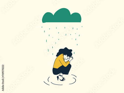 Business woman sittinig under the dark cloud rainning or business woman straggle under depression,