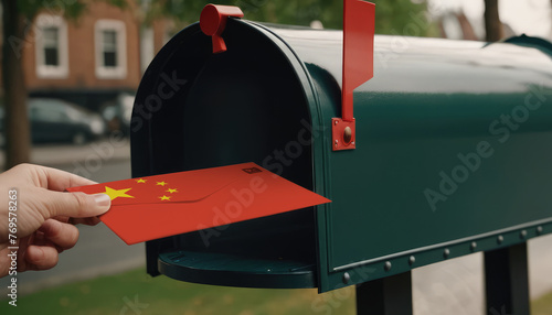 Close-up of person putting on letters with flag China in mailbox