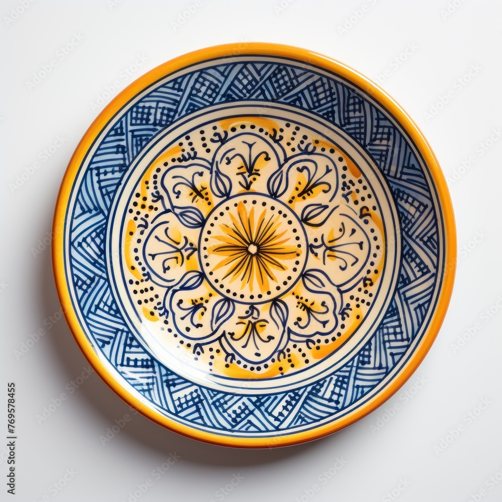 Decorative Moroccan ceramic hand painted plate, handmade, isolated, closeup top view.