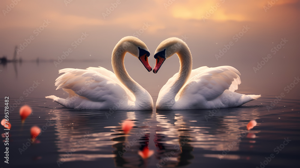 Fototapeta premium White swans in love on peaceful water background