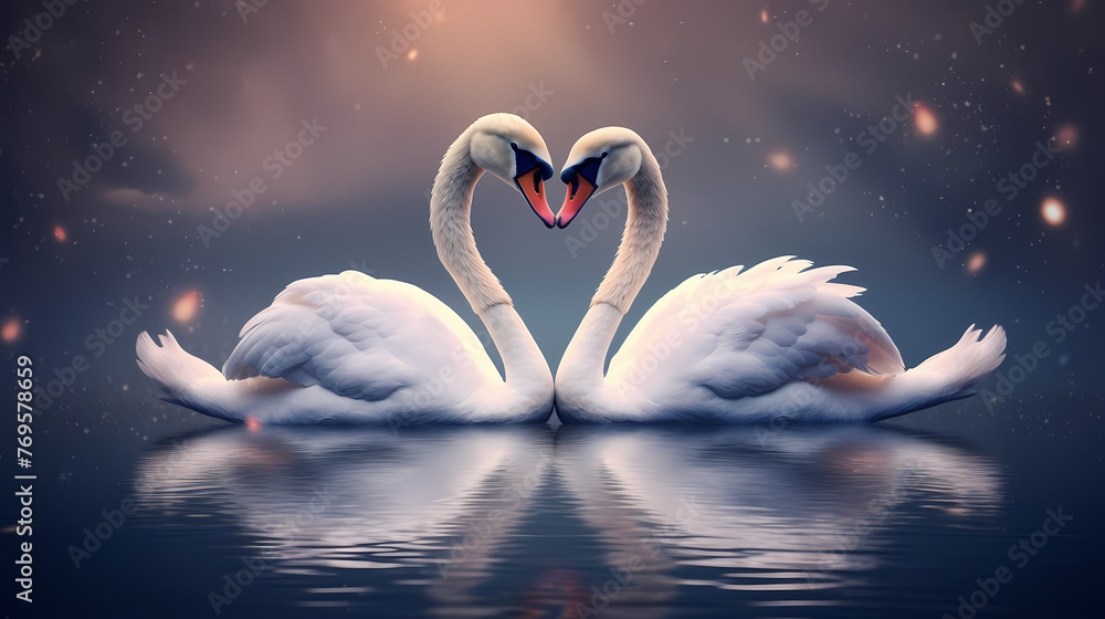 Fototapeta premium White swans in love on peaceful water background
