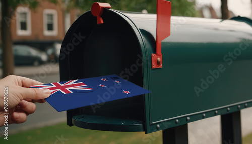 Close-up of person putting on letters with flag New Zealand in mailbox