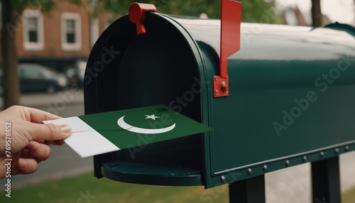 Close-up of person putting on letters with flag Pakistan in mailbox