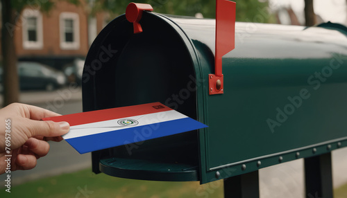 Close-up of person putting on letters with flag Paraguay in mailbox