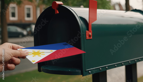 Close-up of person putting on letters with flag Philippines in mailbox