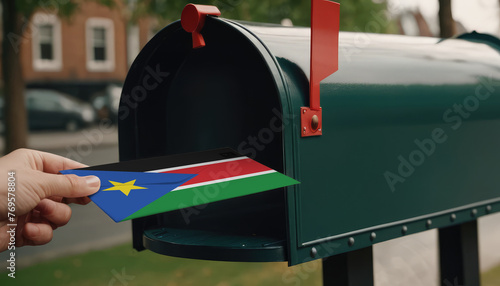 Close-up of person putting on letters with flag South Sudan in mailbox