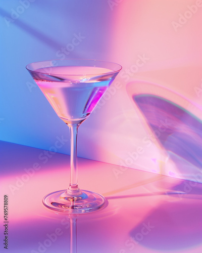 A glass of martini cocktail on pastel pink, purple and blue background with shadowplay and neon light reflections on the surface. Minimal summer and party idea