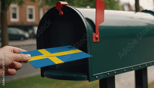Close-up of person putting on letters with flag Sweden in mailbox