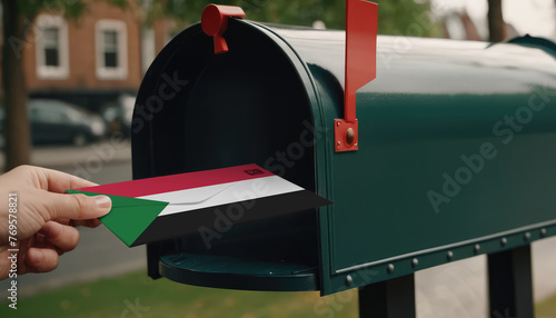 Close-up of person putting on letters with flag Sudan in mailbox