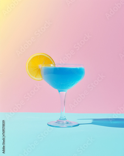 Blue lagoon cocktail with lemon slice  on pastel pink and blue background. Minimal summer and party idea. Banner design, promotion, commercial