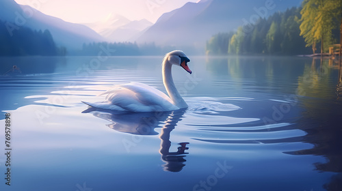 White swans in love on peaceful water background © jiejie