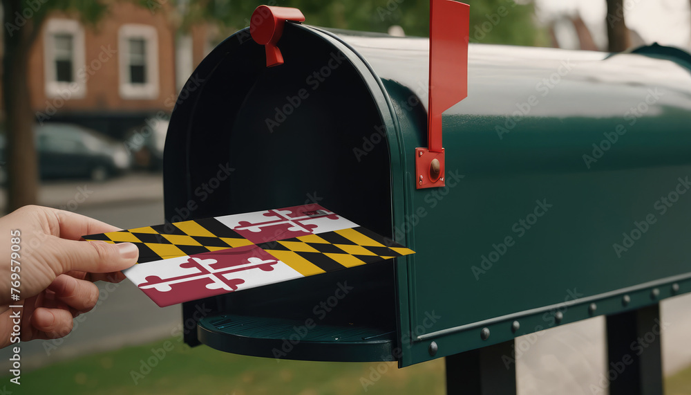 Close-up of person putting on letters with flag Maryland in mailbox - obrazy, fototapety, plakaty 
