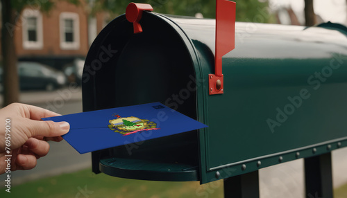 Close-up of person putting on letters with flag Vermont in mailbox