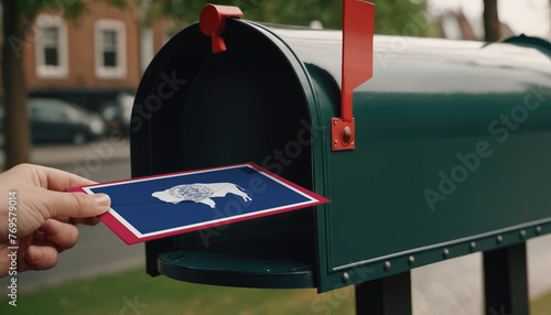 Close-up of person putting on letters with flag Wyoming in mailbox