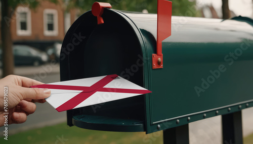 Close-up of person putting on letters with flag Alabama in mailbox