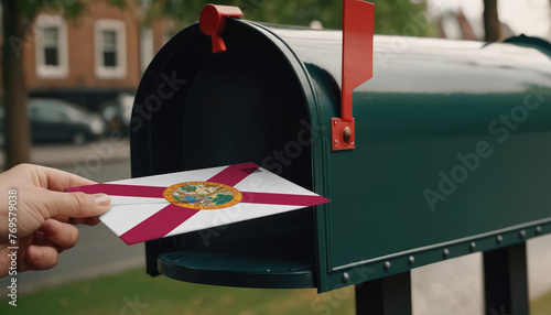Close-up of person putting on letters with flag Florida in mailbox