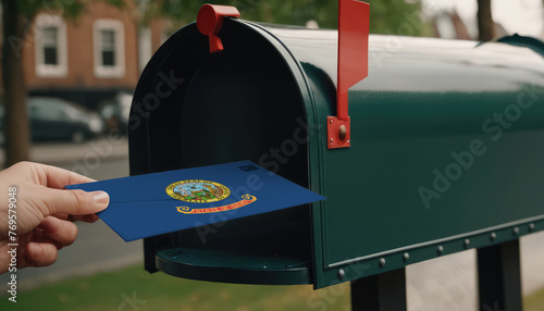 Close-up of person putting on letters with flag Idaho in mailbox