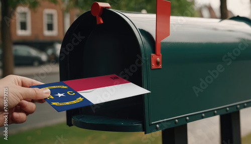Close-up of person putting on letters with flag North Carolina in mailbox