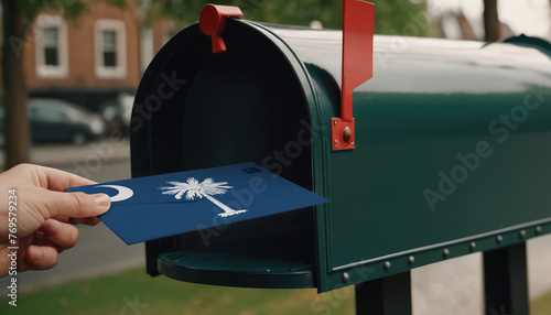 Close-up of person putting on letters with flag South Carolina in mailbox photo