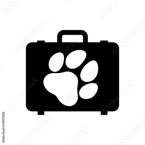 Logo travel. Viajar con animal de compañía. Silueta de maleta de viaje con zarpa de perro o gato para agencia de viajes