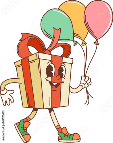 Retro cartoon groovy holiday gift box character with balloons. Isolated vector festive present personage with red bow, carrying bunch of colorful balloons, ready for birthday celebration and surprise