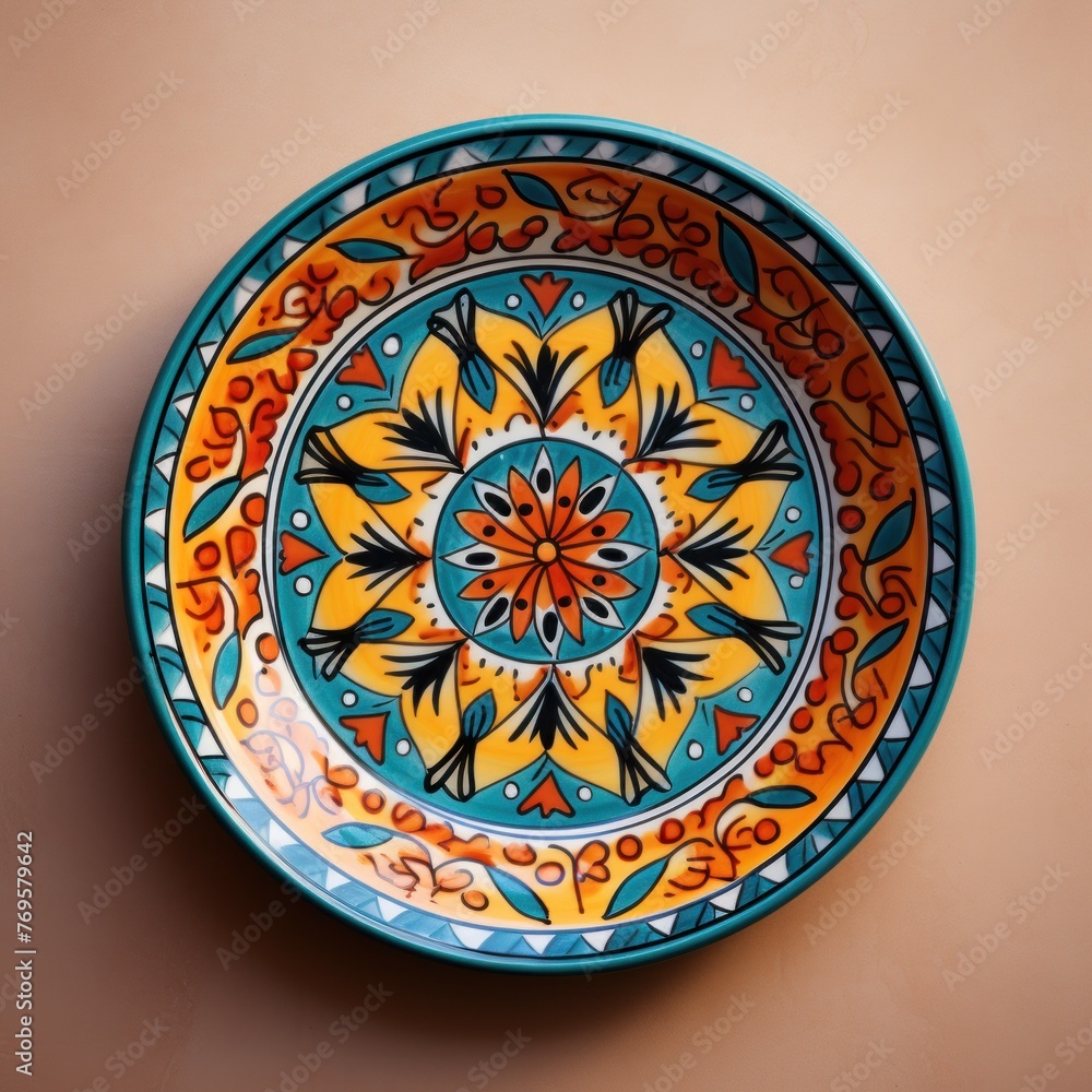 Decorative Moroccan ceramic hand painted plate, handmade, isolated, closeup top view.