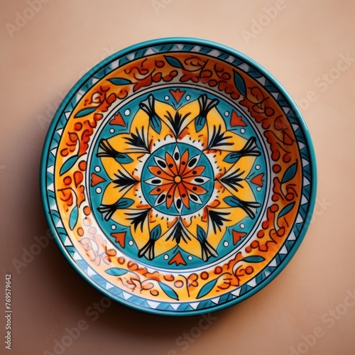 Decorative Moroccan ceramic hand painted plate, handmade, isolated, closeup top view.