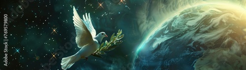 An artistic rendition of a dove carrying an olive branch over a healed peaceful Earth