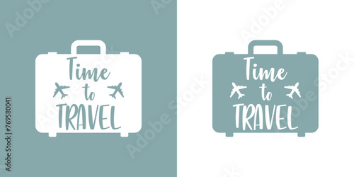 Logo travel. Silueta de maleta de viaje con texto manuscrito time to travel con aviones para agencia de viajes