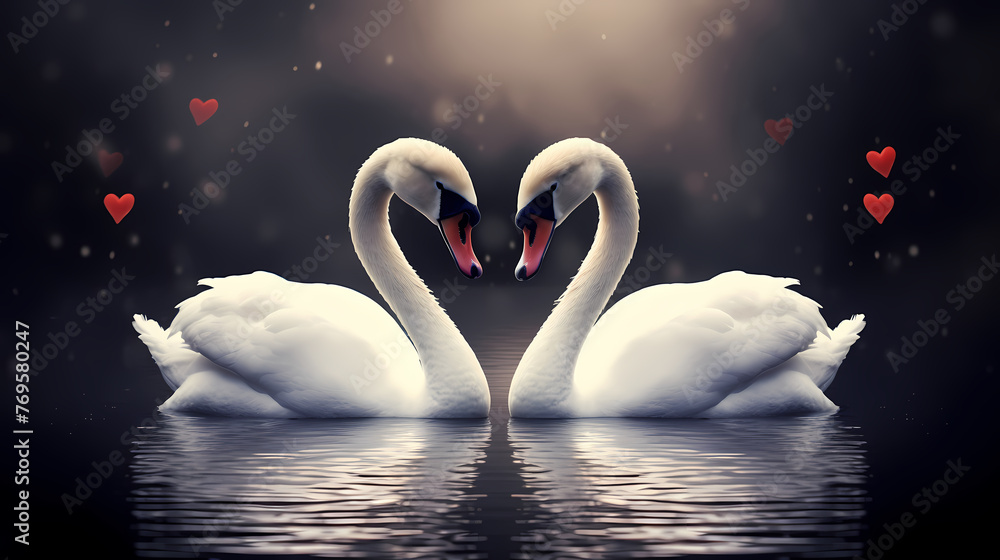 Fototapeta premium White swans in love on peaceful water background