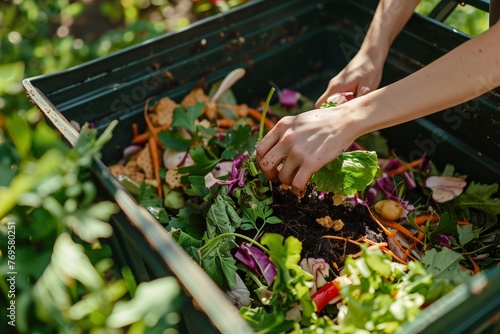 Hands diligently compost food waste into compost bin in backyard garden, fostering sustainability and eco-consciousness. Environmental stewardship, promoting organic recycling and soil enrichment